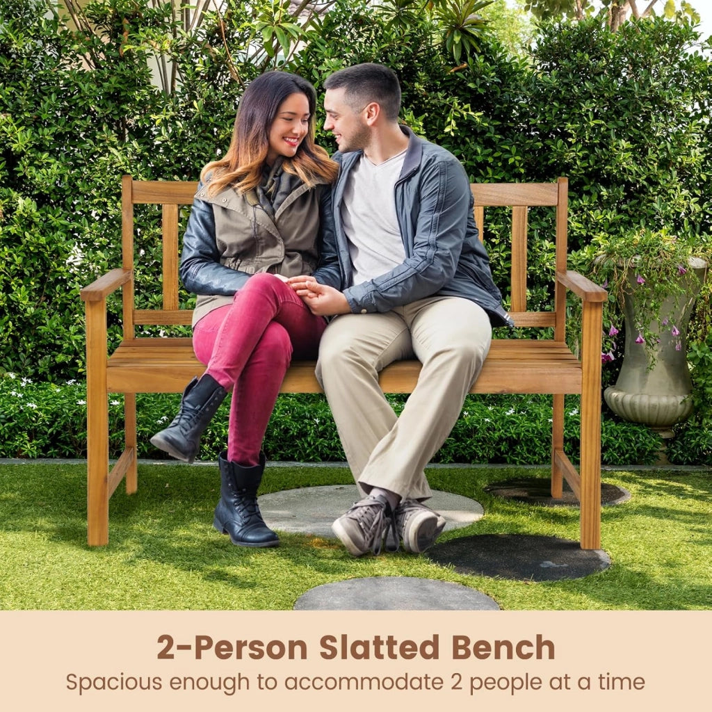 GIANTEX Panchina da giardino in legno di acacia a 2 posti, portata fino a 360 kg, ergonomica, con schienali e braccioli, 122 x 56,5 x 86 cm, colore legno naturale