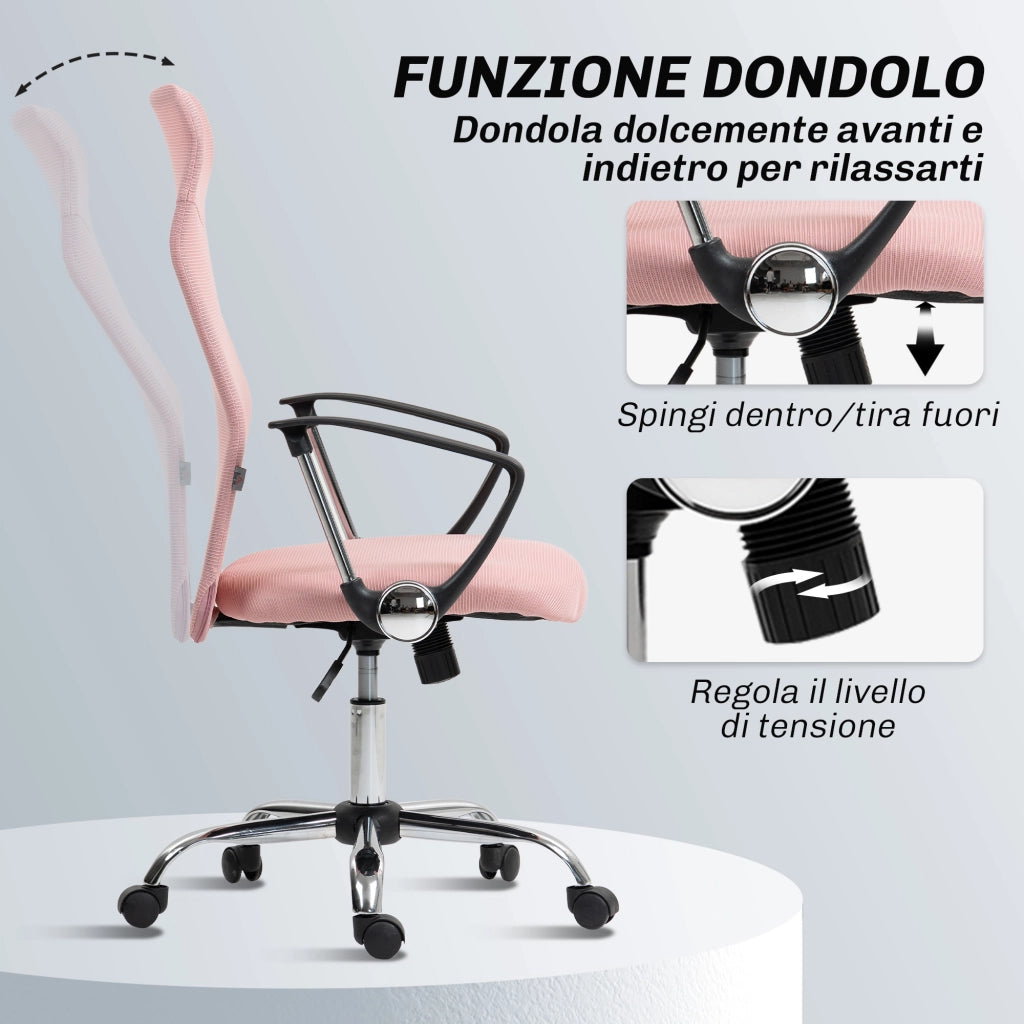 Sedia Ergonomica da Ufficio Girevole 63x65x109-119 cm con Schienale a Rete Rosa