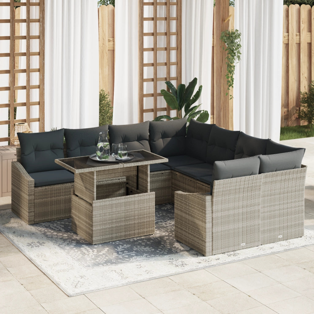 Set Divani Giardino 9 Pezzi con Cuscini Grigio Chiaro Polirattan