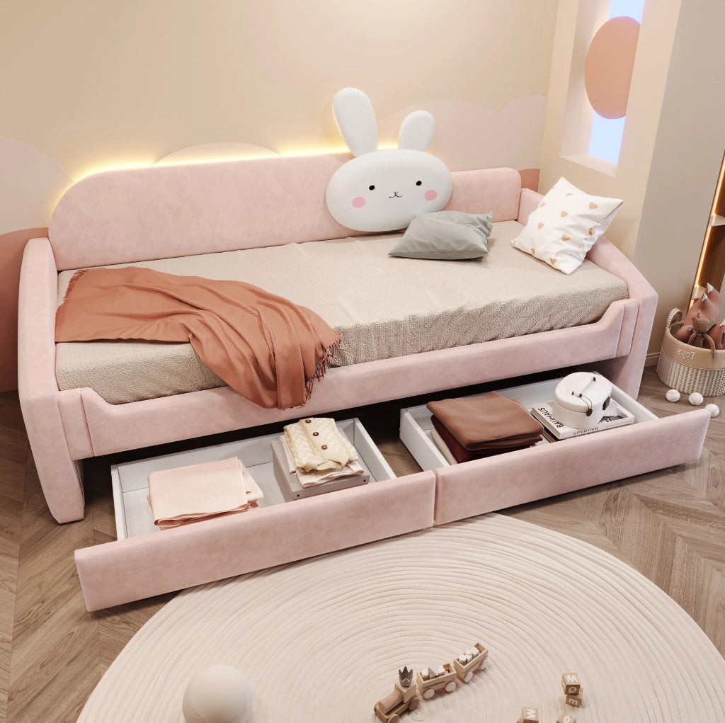Letto imbottito 90x200 cm con LED e cassetti in velluto rosa
