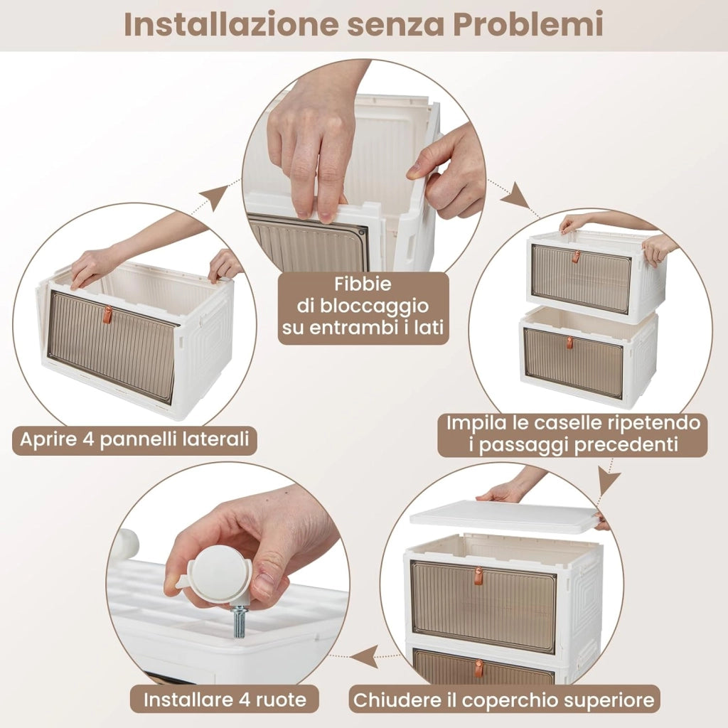 Scarpiera Pieghevole a 3/4/6 Piani, Mobile Multiuso Impilabile con Porte Trasparenti Magnetiche e Ruote Piroettanti Bloccabili, Contenitore con Coperchio per Cibi Giocattoli Abiti (4 Piani)