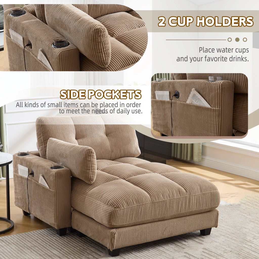 Poltrona Chaise Longue con Poggiatesta Regolabile, USB, 3 Portabicchieri e Tasca Laterale, in Velluto a Coste Cachi 140 × 112 × 81 cm