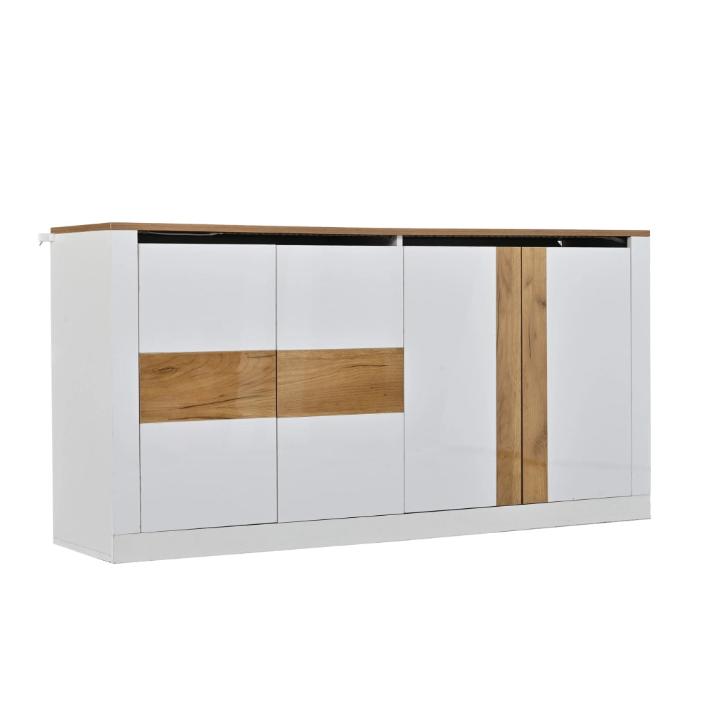 Sideboard 140¡Á35¡Á70 cm in MDF, 4 ante scorrevoli, LED RGB, finitura bianco lucido/effetto legno naturale e ripiani regolabili.