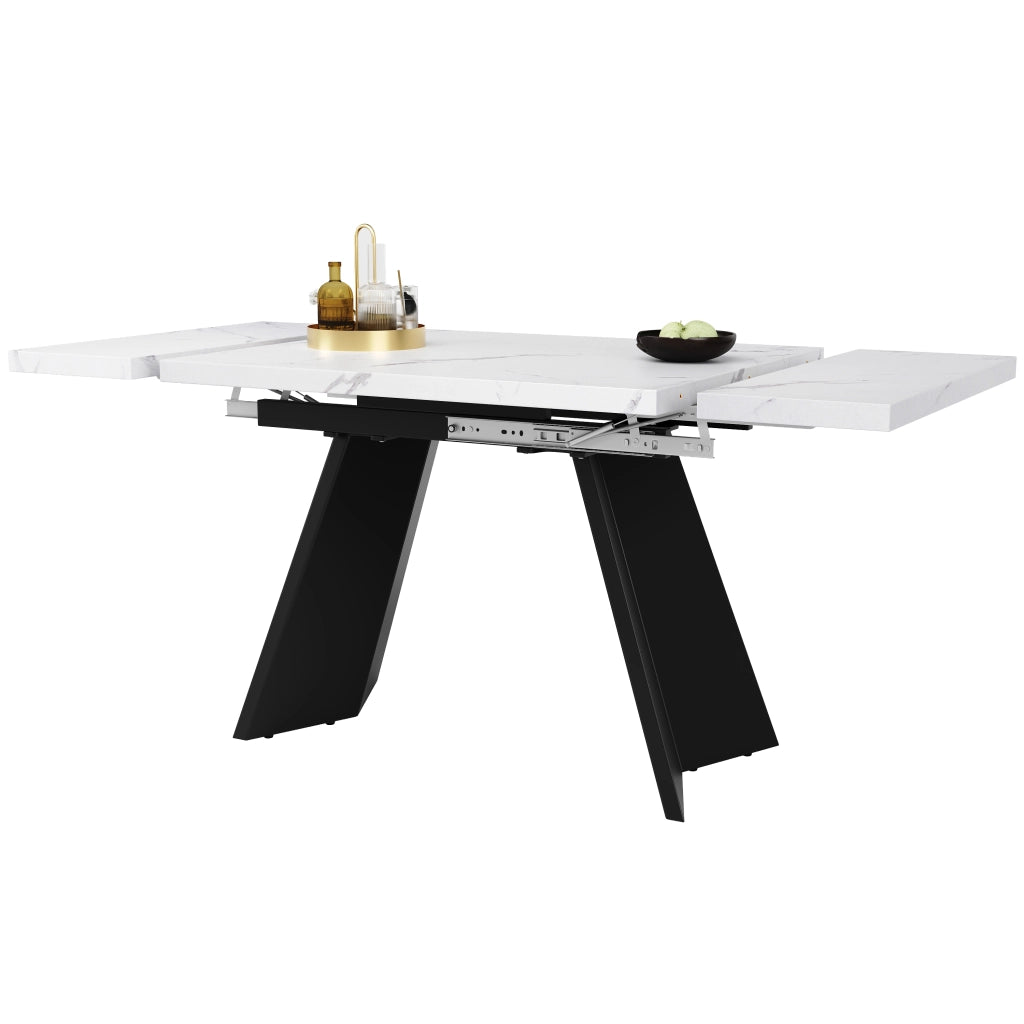 Tavolo allungabile con piano effetto marmo, in MDF e metallo, per cucina e soggiorno, bianco nero, 159 × 74 × 77 cm