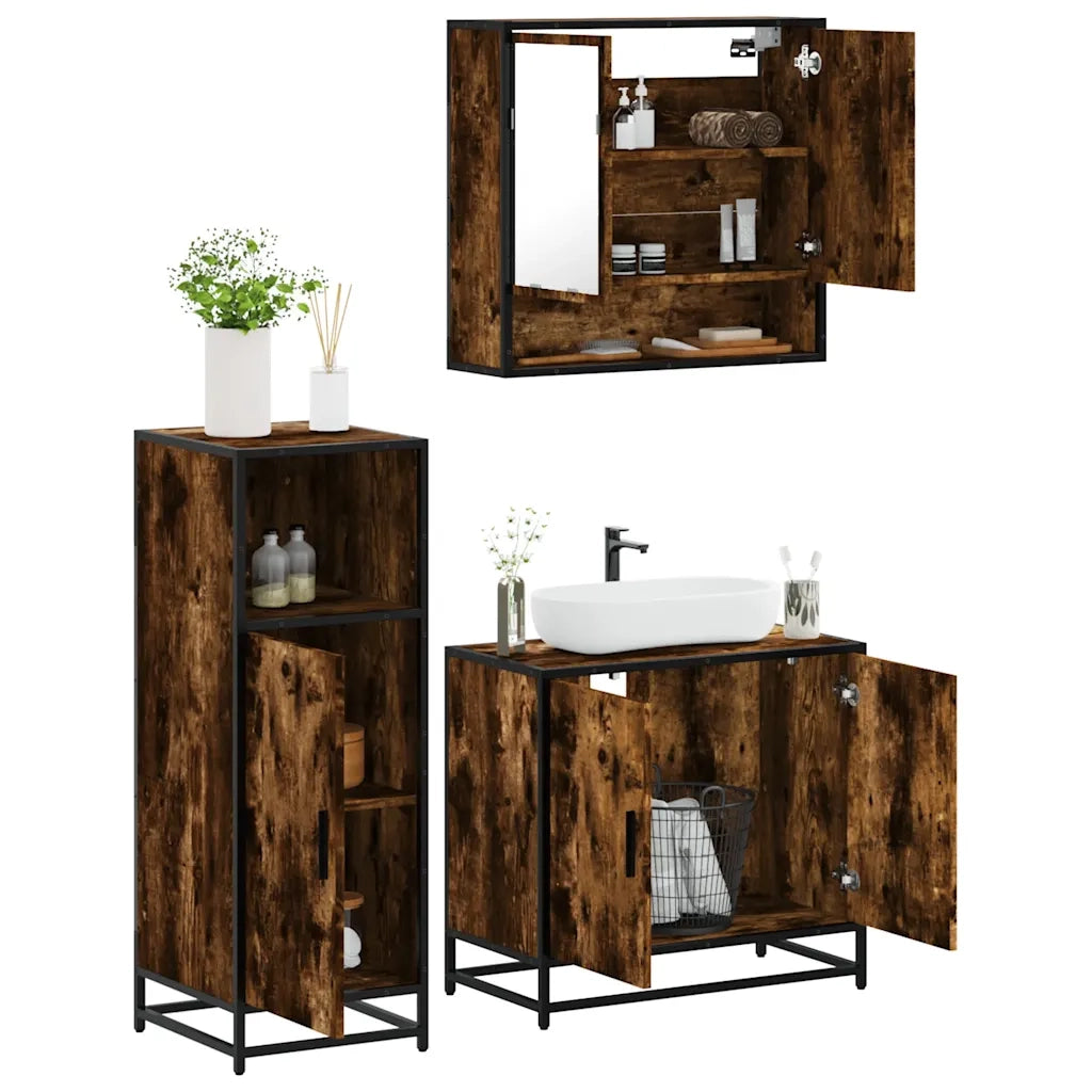 Set Mobili da Bagno | Armadio da bagno 3 pz Rovere Fumo in Legno Multistrato
