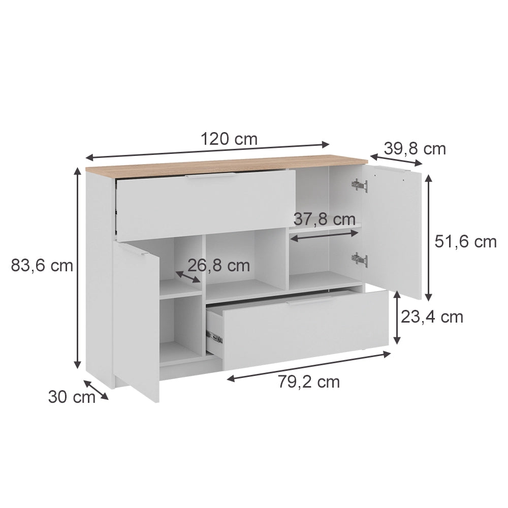 Vicco Cassettiera per camera da letto Bianco/Sonoma 120 x 83.6 cm 2x porta, 2x cassetto e 1x scomparto aperto
