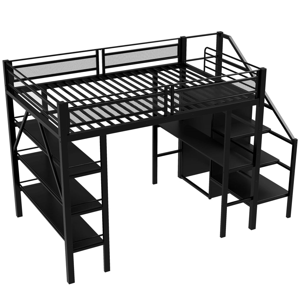 Letto alto in metallo nero con scrivania armadio e scaffali a tre livelli 140x200 cm