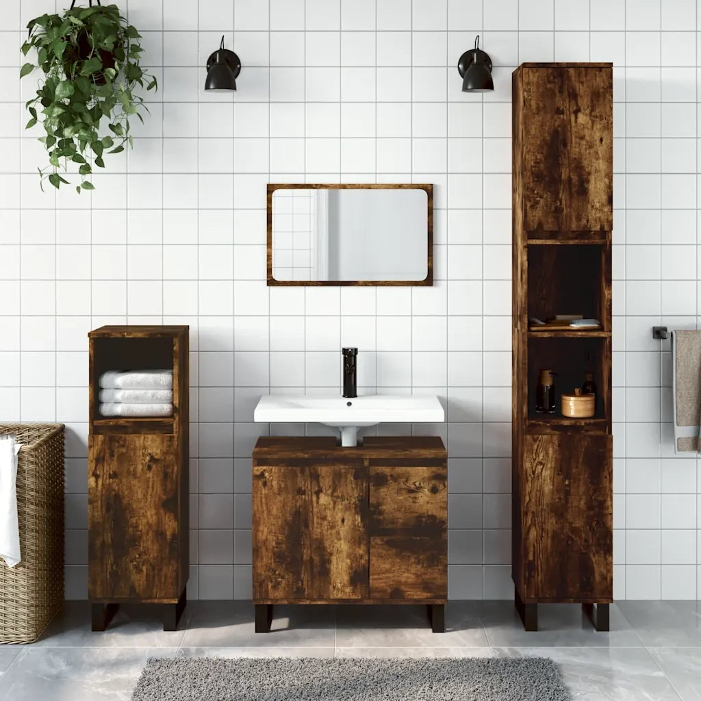 Set Mobili da Bagno | Armadio da bagno 3 pz Rovere Fumo in Legno Multistrato