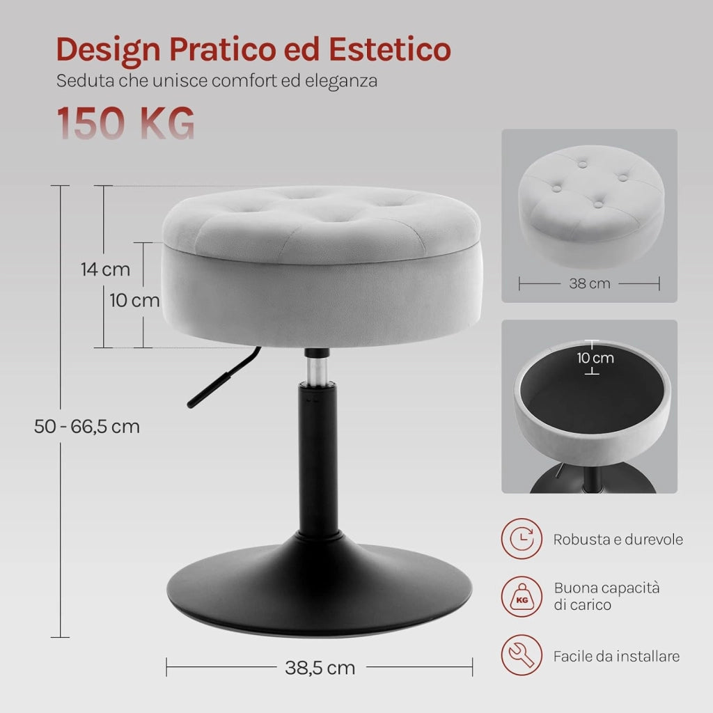 Sgabello da Trucco Girevole, Sgabello Altezza Regolabile, Sedia da Bar Rotondo con Contenitore, Sedile in Velluto, Base in Metallo, per Cucina, Soggiorno, Grigio Chiaro