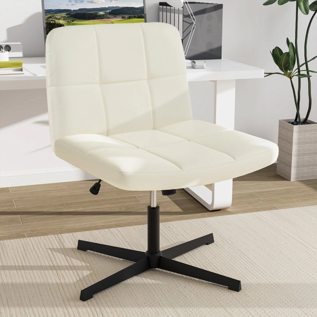 Sedia a crociera a gambe incrociate rivestita in pelle PU con seduta a u spaziosa, Sedia da ufficio girevole Beige-Sedie da ufficio