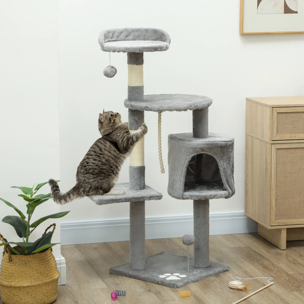 Albero tiragraffi per gatti con piattaforme, tana e corda ¨C zephmum ¨C 40x40x114 cm grigio