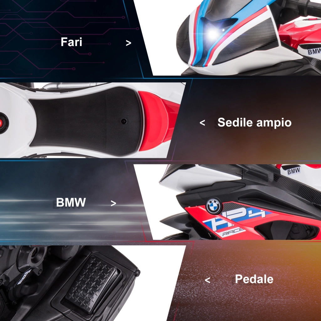 Moto per Bambini 18-60 Mesi Modello BMW HP4 con Fari, Musica e Pedali, in PP e Metallo, 82.5x42x54 cm, Rosso