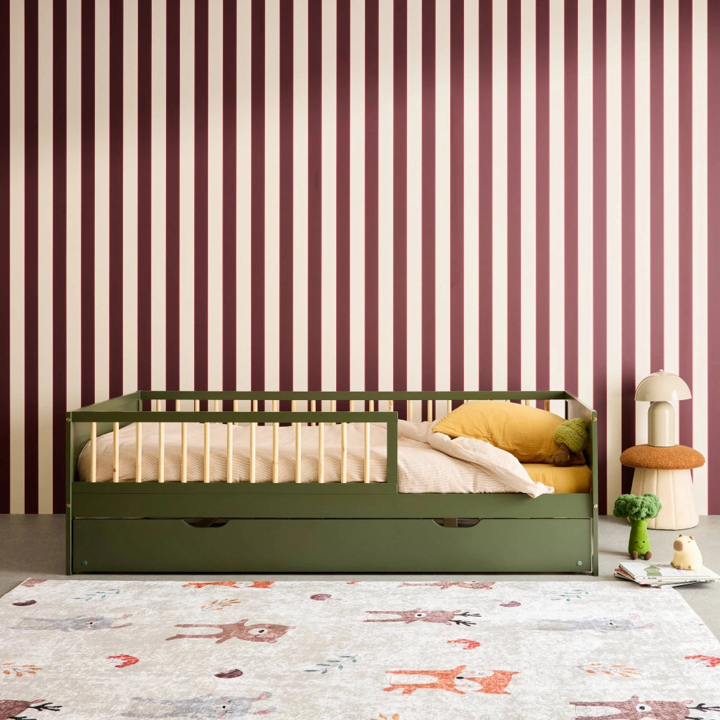 Letto a nido per bambini in pino naturale con rete a doghe e cassetto,
