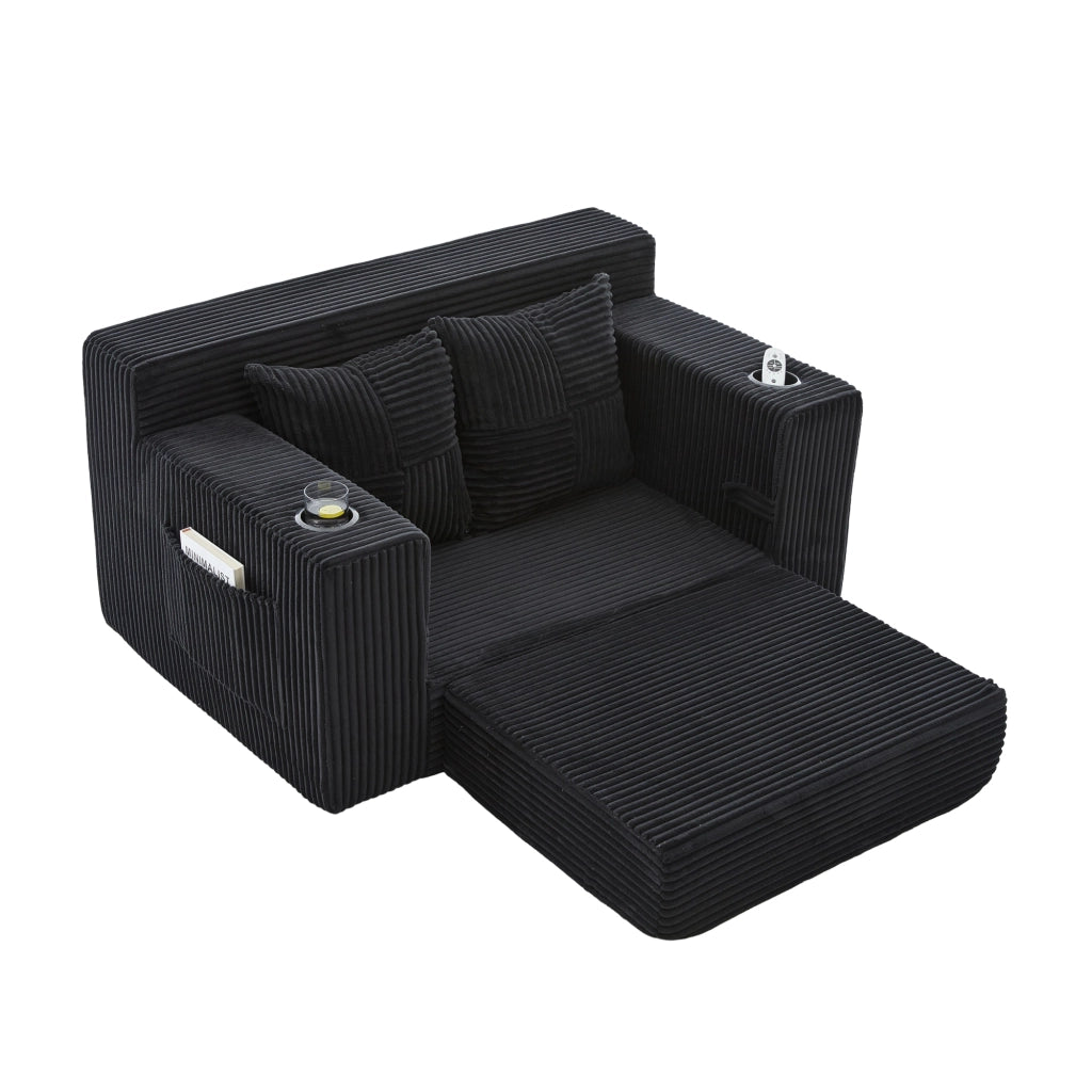 Pouf divano in velluto a coste nero 151x133x64 cm con tasche laterali e 2 cuscini