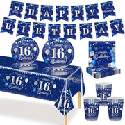 Servizio da 70 pezzi per compleanni - Piatti e bicchieri in carta - Fazzoletti - Bandiera - Decorazioni da tavola - Accessori per festa - Servizio da festa