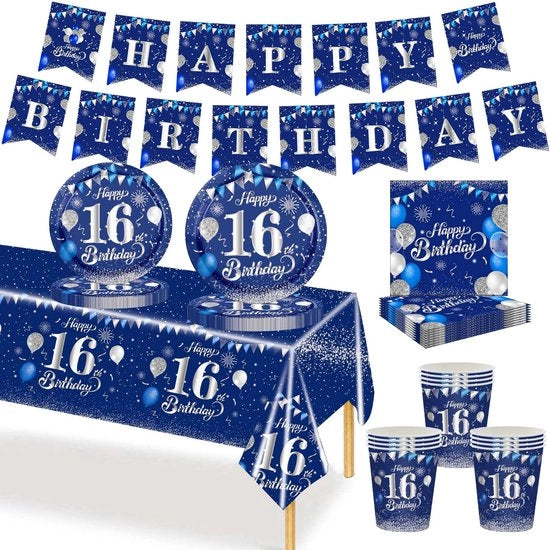 Servizio da 70 pezzi per compleanni - Piatti e bicchieri in carta - Fazzoletti - Bandiera - Decorazioni da tavola - Accessori per festa - Servizio da festa