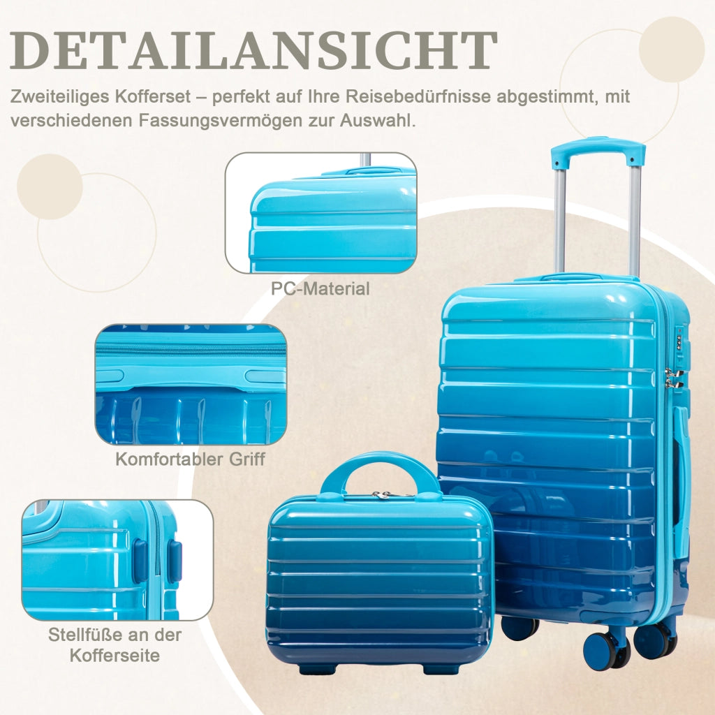 Valigia rigida in PC a 2 pezzi con lucchetto a combinazione, 4 ruote doppie, trolley 20 pollici con beauty case blu