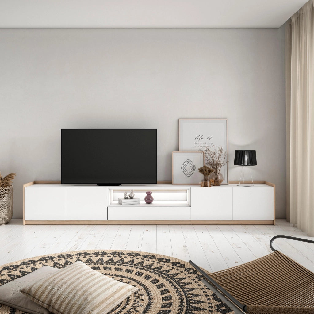 Mobile TV Soggiorno, 310x50x37 cm, Per TV fino a 80", LED, Bianco e Rovere soft