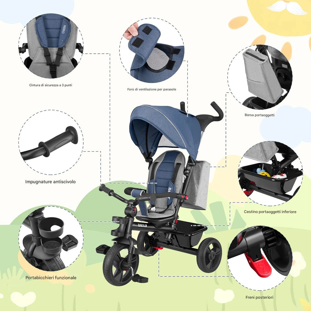 Triciclo per Bambini 5in1 Cappottina Pedali e Manico Antiscivolo Ergonomico Blu