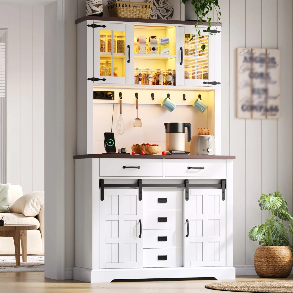 Credenza alta con LED RGB, 2 ante scorrevoli e 6 cassetti, per cucina e soggiorno, bianco, 108 × 40 × 180 cm