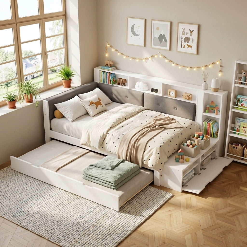 Letto in legno con letto estraibile e scrivania, 120x200+90x190 cm, bianco