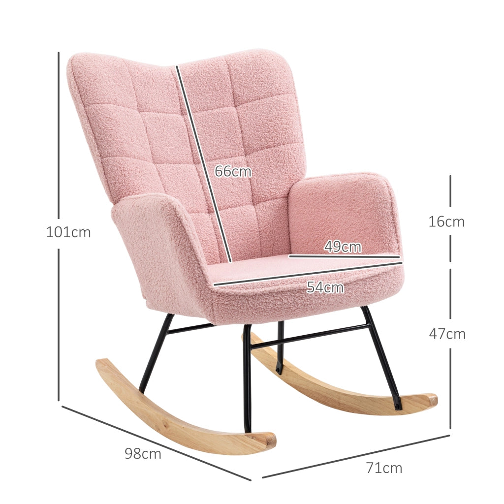 Sedia a dondolo imbottita rosa con struttura in acciaio e base in legno, portata 120 kg