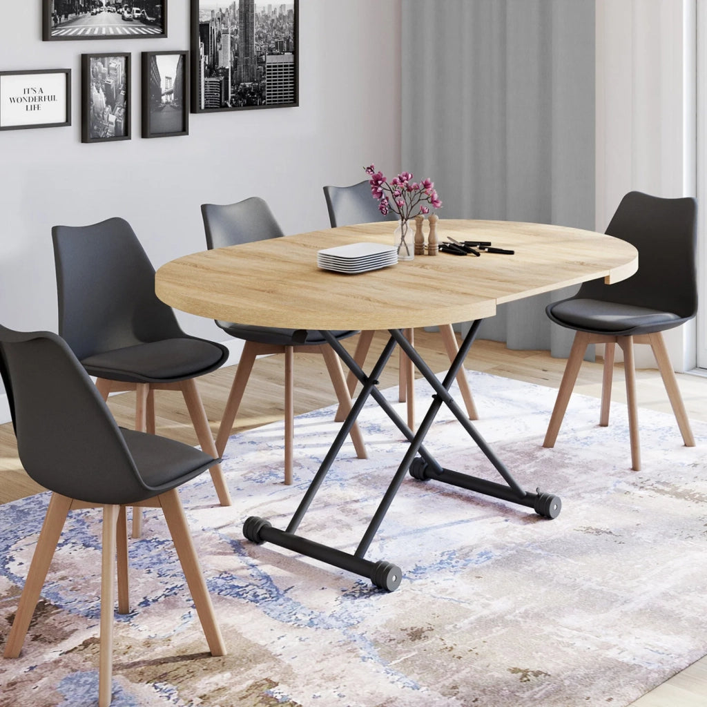 IDMarket - Tavolino ALTURA, allungabile e trasformabile in tavolo da pranzo rotondo, con piano in faggio e gamba nera dal design industrial