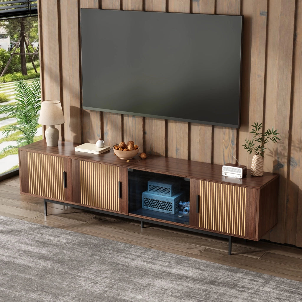Mobile TV con texture intagliata, barra LED e anta in vetro temperato
