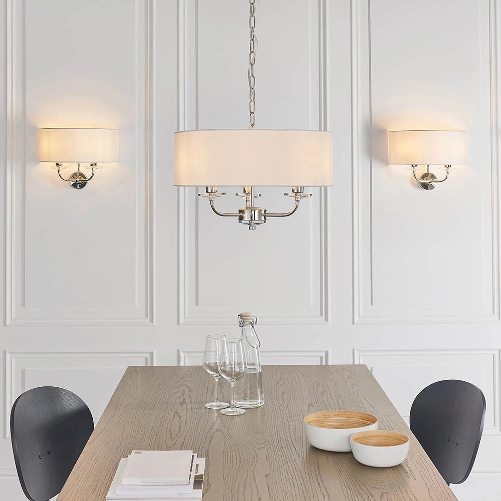 Lampadario 3 luci Nixon nichel chiaro paralumi bianchi E14
