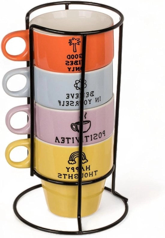 Set di 4 tazze da caffè in ceramica a colori con maniglia in cromato, standard, spazio risparmio, stivabile e lavastoviglie, 200 ml.