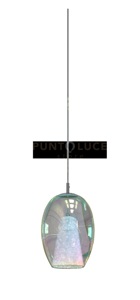 IRIDE-P Sospensione 1 luce con struttura cromo e vetro iridescete attacco E27 senza base diam.18cm