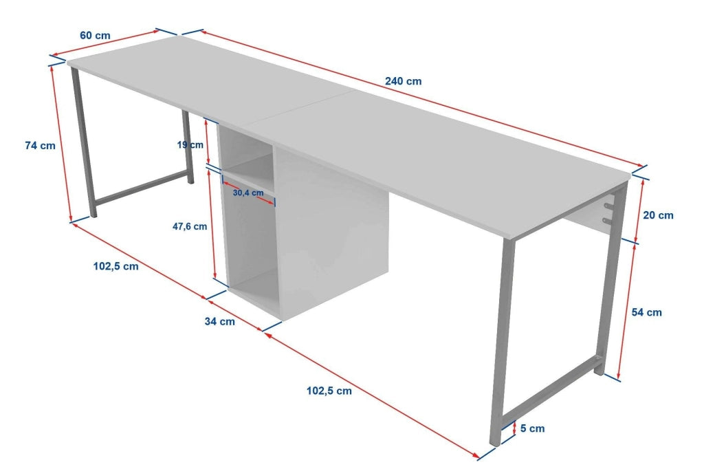 Scrivania Violet, Scrittoio multiuso, Tavolo per ufficio porta PC, Piano di lavoro, 240x60 h74 cm, Pino e Nero