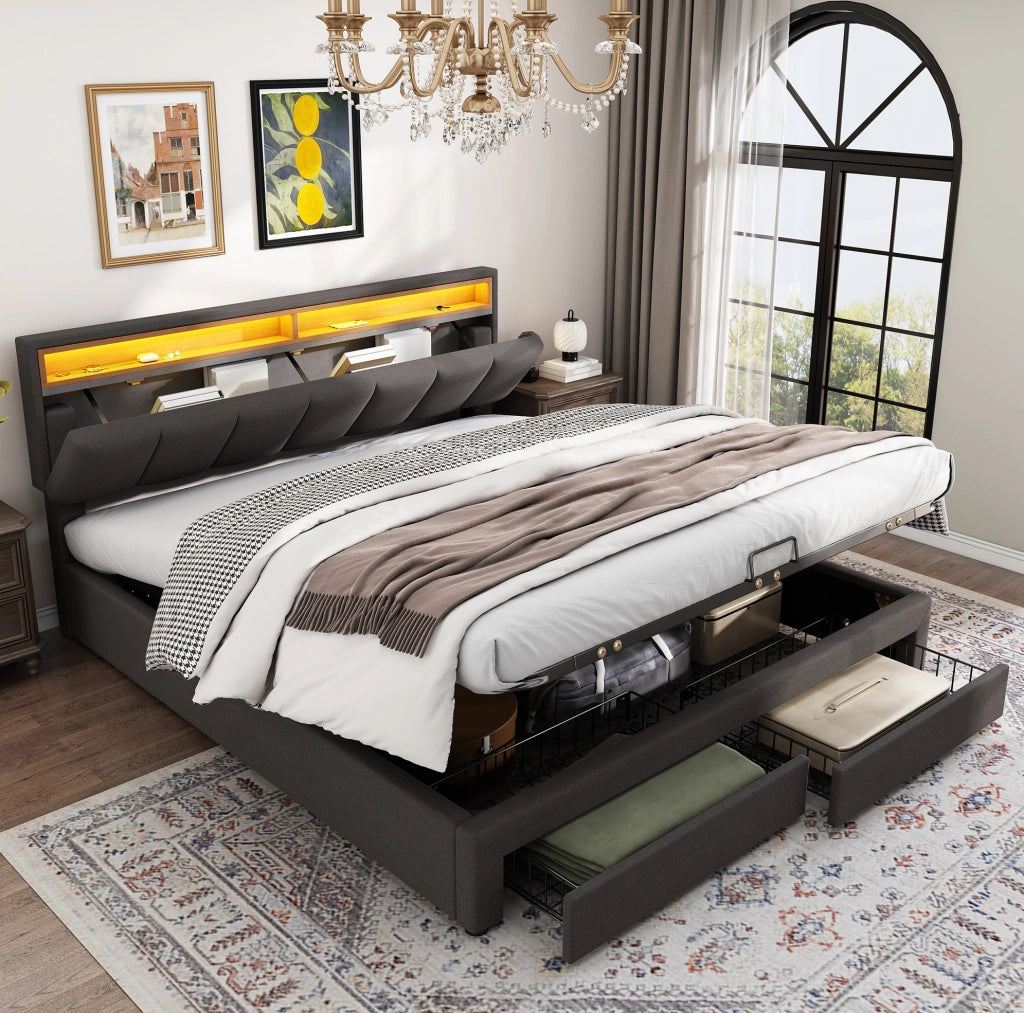 Letto imbottito matrimoniale 160x200 cm con LED; rete a doghe; contenitore; grigio scuro in lino e acciaio