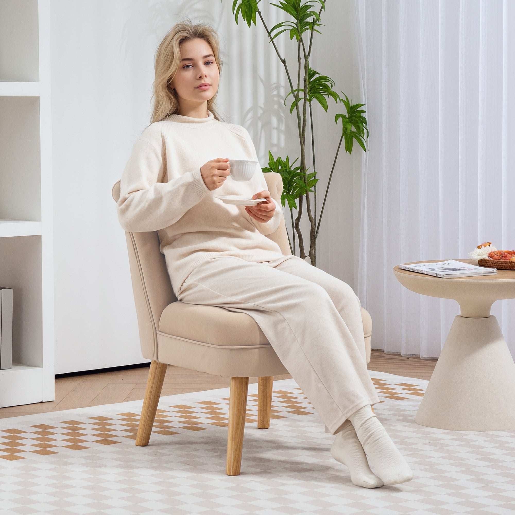 Poltrona da Soggiorno e Camera 60x66x79 cm Trapuntata a Bottoni in Velluto Beige