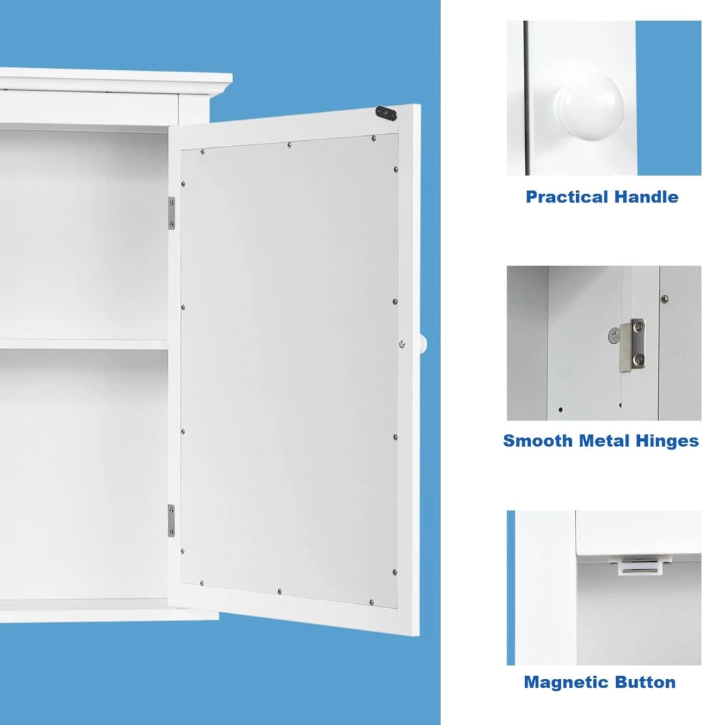 Armadietto a Specchio per Bagno, Mobiletto a Muro in MDF, con Ripiano Regolabile in Altezza, Pensile a Parete, 56 x 15 x 69 cm, 4 Colori (bianco)