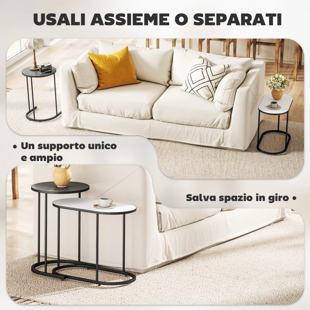 Set 2 Tavolini da Salotto Impilabili con Telaio in Metallo Grigio e Bianco