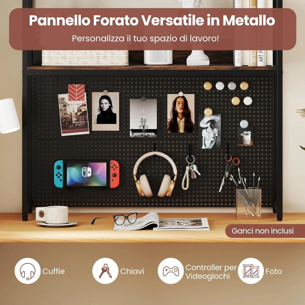 Libreria da Scrivania a 2 Livelli, Scaffale da Tavolo Industriale per Monitor di Computer Fino a 32", Organizzatore di Stoccaggio con Pegboard, per Dormitorio Ufficio e Casa, 94x27x103 cm
