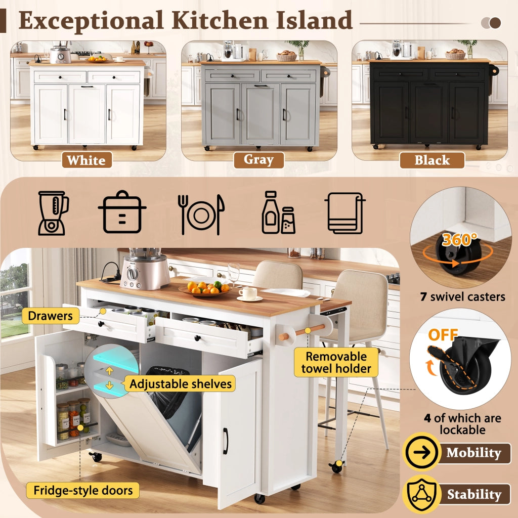 Isola da Cucina con Piano Estensibile; Vano per Pattumiera e Prese; per Cucina e Sala da Pranzo; in MDF; 120x40-75x92 cm; Bianca
