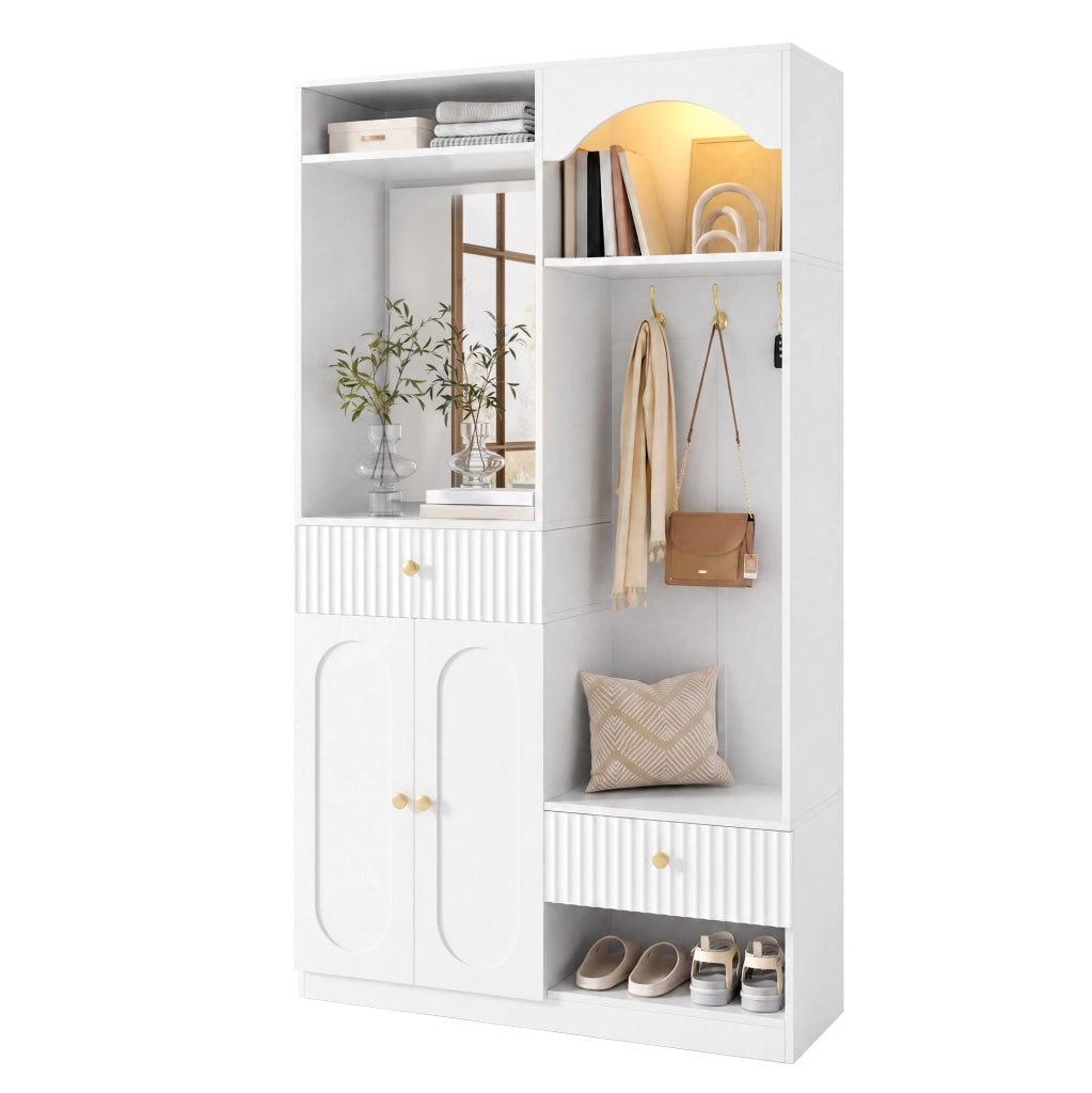 Guardaroba da ingresso bianco con specchio, panca e LED