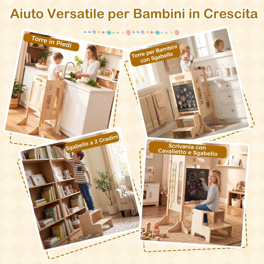 Torre Montessoriana Pieghevole per Bambini, Sgabello da Cucina in Legno con 2 Scalini e Rete Sicurezza, Torre di Apprendimento Montessoriana con Lavagna e Giochi Sensoriali per Bambini 3+ Anni