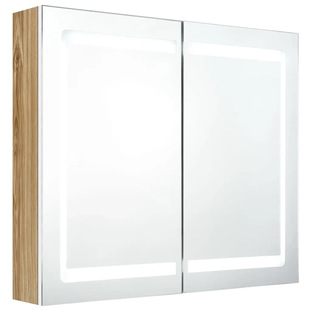 Armadietto Bagno con Specchio e LED-Mobile bagno con specchio Bianco e Rovere 80x12x68 cm