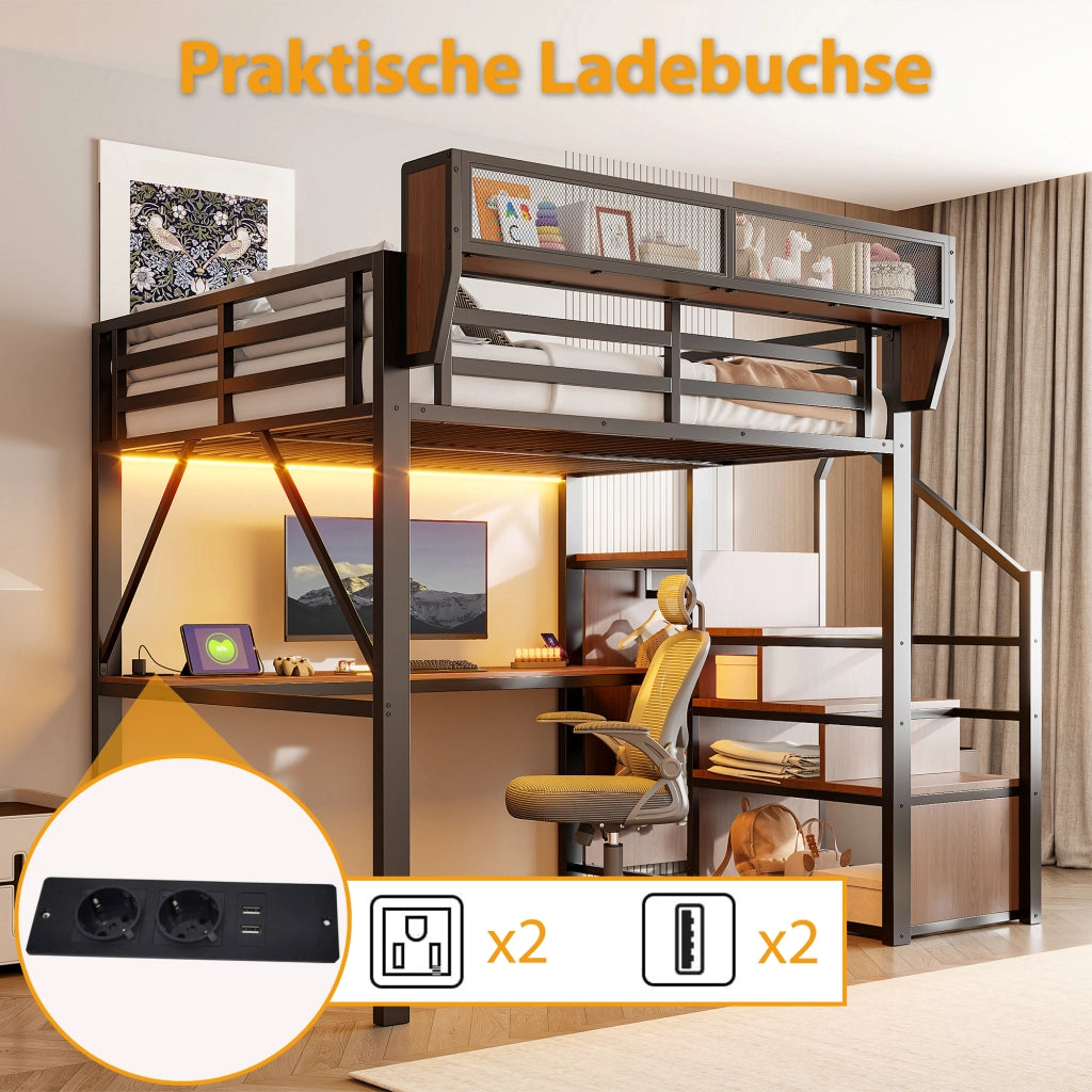 Letto a soppalco 140 × 200 cm con scrivania lunga, LED, scaffale regolabile et scala di sicurezza, senza materasso