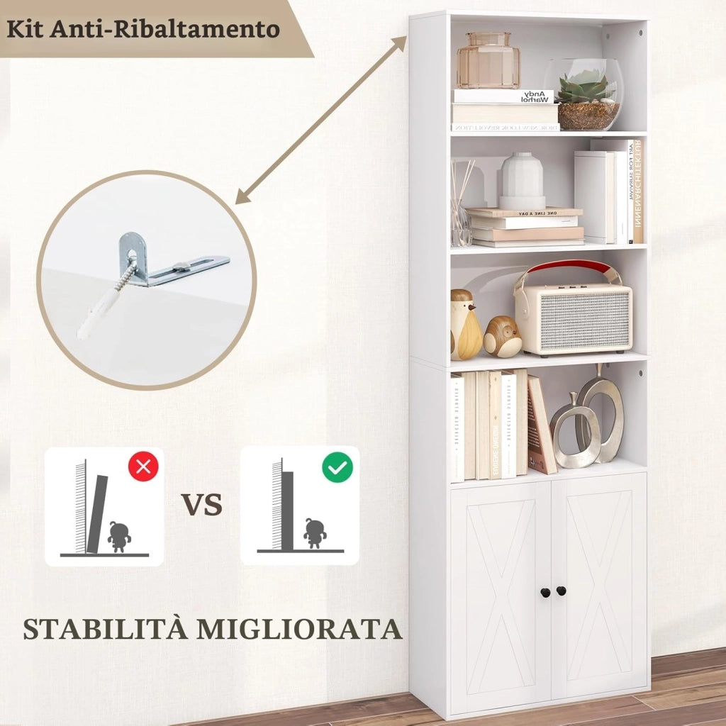 Libreria Chiusa in Legno con Armadio a Ante, 6 Ripiani Aperti, Librerie Moderne con Ripiano Rimovibile, Libreria Scaffale, 60 x 24 x 180 cm, Bianco