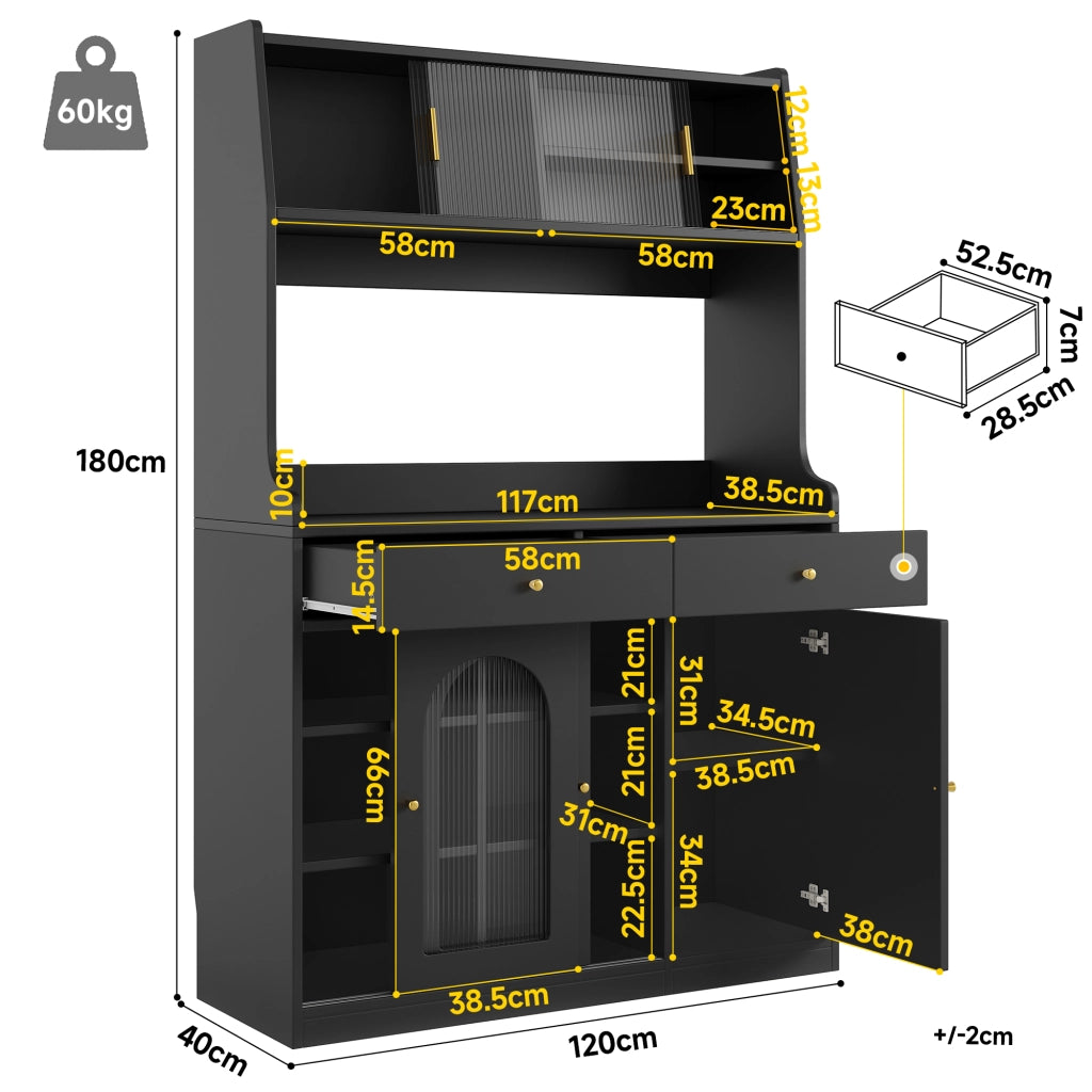 Credenza Alta da Cucina con 2 Cassetti e Ripiani Regolabili con LED per Cucina in MDF e Pannelli di Particelle Nero 120x40x180 cm