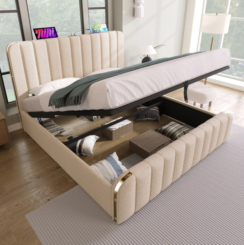 Letto contenitore imbottito 140x190 cm beige con USB e Type-C