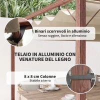 Gazebo Pergola con Tetto Retrattile, Picchetti e Viti, in Poliestere e Alluminio, 382x300x232 cm, color Legno