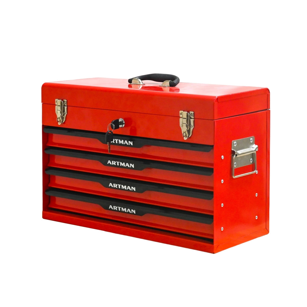 Baule da giardino in acciaio con 3 cassetti e vassoio superiore per officina e garage nero rosso 60 × 29,5 × 42,0 cm