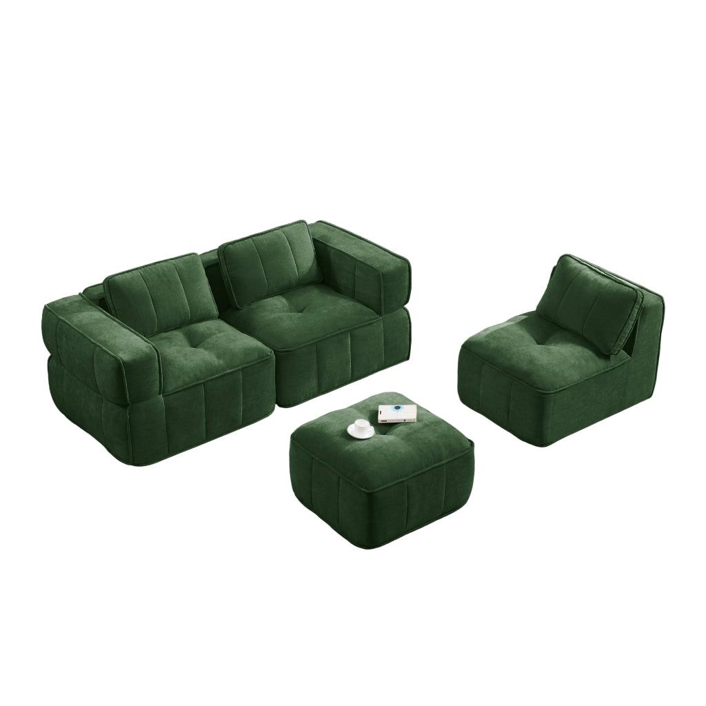 Divano angolare modulare 3 posti con pouf, design senza struttura, in poliestere verde, per soggiorno, 271 × 162 × 67 cm