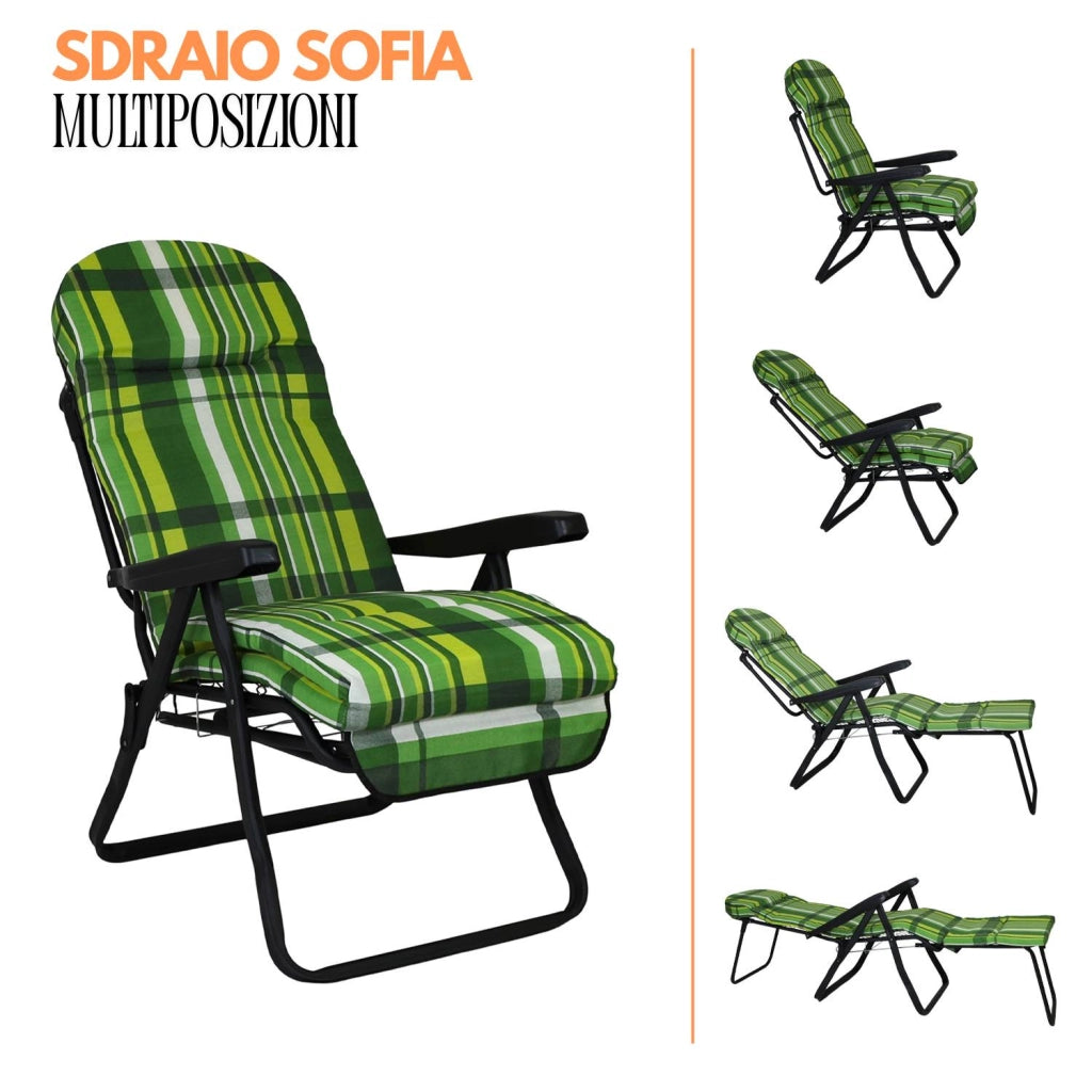 Marvin Sdraio Reclinabile da Giardino Sofia con Poggiapiedi Estraibile, 7 Posizioni, Cuscino A VERDE SCOZZESE (7445/103)