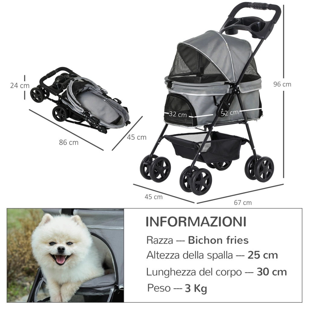 EasyComfort Passeggino per Cani Pieghevole con Guinzaglio di Sicurezza e Cestino Portaoggetti, Grigio